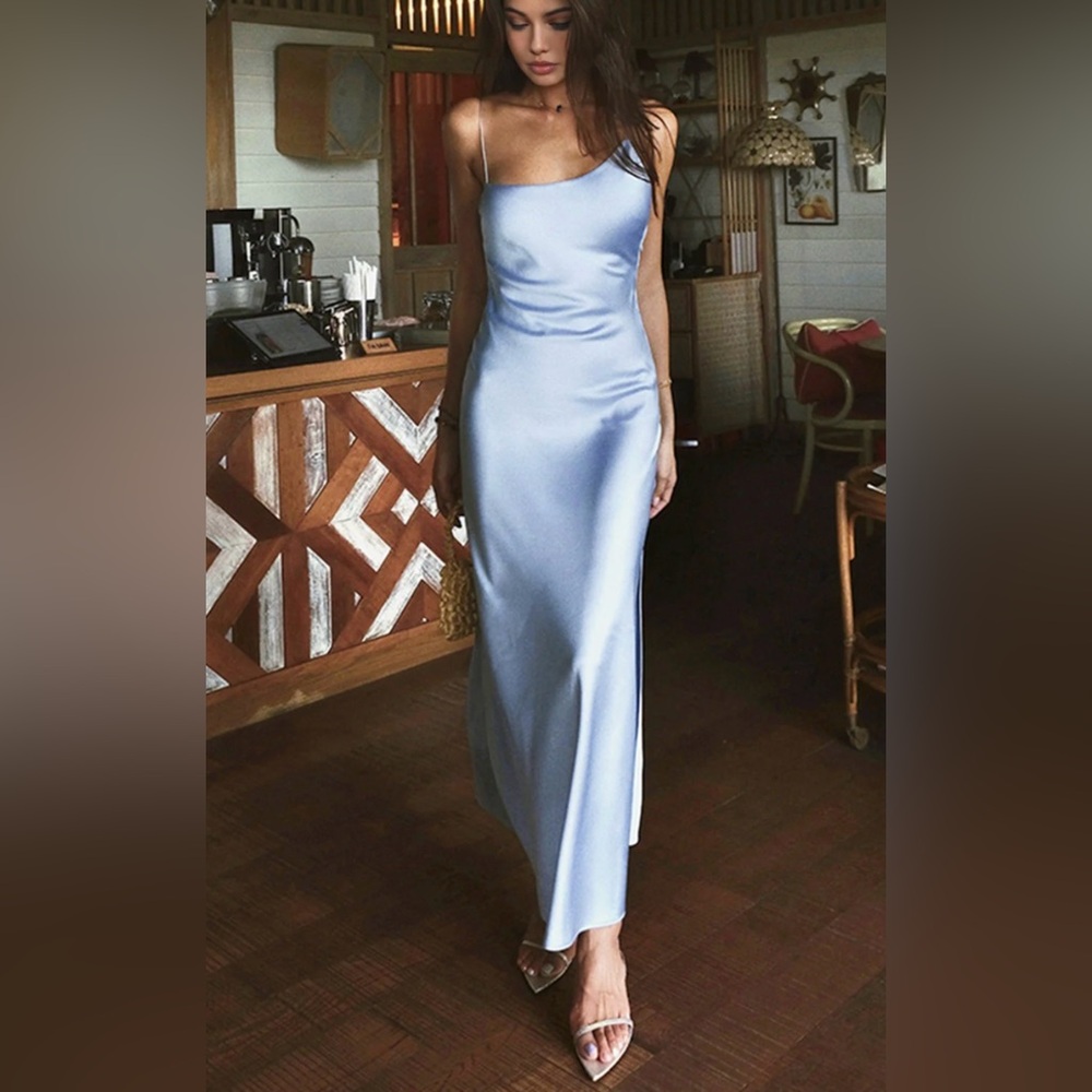 Blue Satin Evening Gown